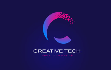 C Initial Letter Logo Design with Digital Pixels in Blue Purple Colors.