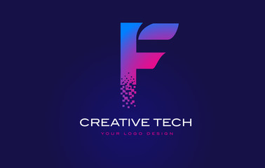 F Initial Letter Logo Design with Digital Pixels in Blue Purple Colors.
