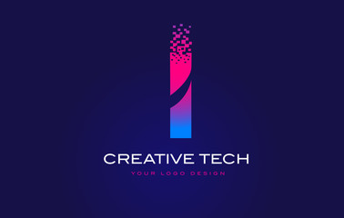 I Initial Letter Logo Design with Digital Pixels in Blue Purple Colors.