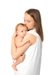 Mother holding cute newborn baby on white background