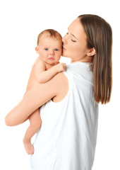 Mother holding cute newborn baby on white background