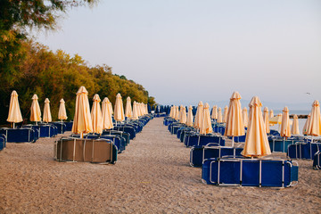 Yellow umbrellas and beach chairs at the at Aegean Sea beach. Start of season concept