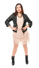 Beautiful stylish overweight woman on white background