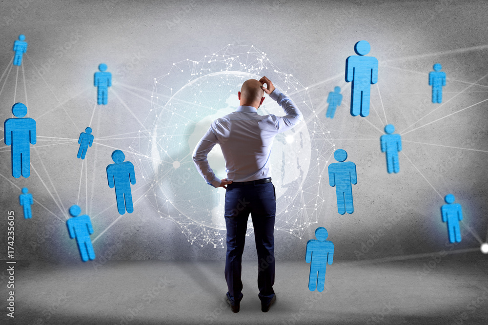 Poster international network displayed on a futuristic interface with globe and connection - technology and