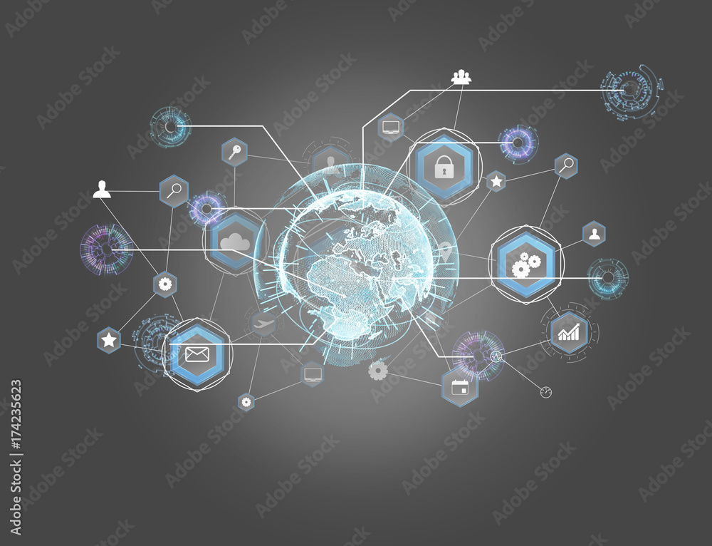 Poster international business network connection displayed on a futuristic interface with technology icon a