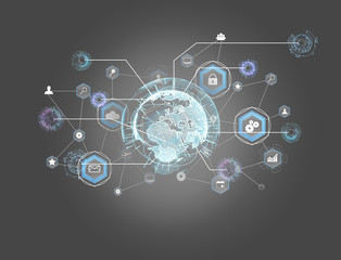 International business network connection displayed on a futuristic interface with technology icon and sphere globe - Worldwide business concept
