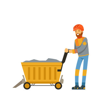Male miner worker in uniform transporting ore in trolley, professional miner at work, coal mining industry vector Illustration