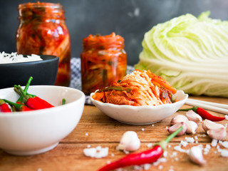 Kimchi, fermented cabbage traditional Korean food. - obrazy, fototapety, plakaty