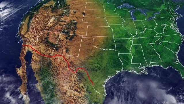 Cartina Stati Uniti e confine con Messico, cartina fisica degli Usa, cartina con rilievi e montagne dell&rsquo;America del Nord con il muro che divide il confine statunitense dal Messico