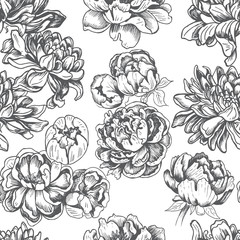 Vector illustration sketch - card with flowers chrysanthemum, peony. Pattern with flowers.