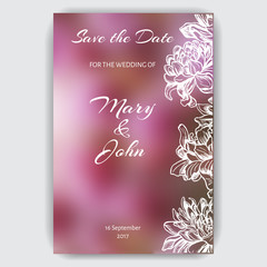 Vector illustration sketch - card with flowers chrysanthemum, peony. Wedding invitation. Summer flowers. Modern floristics.