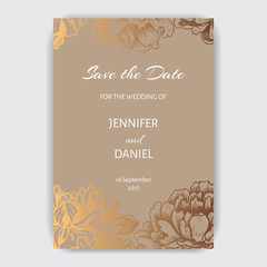 Vector illustration sketch - card with flowers chrysanthemum, peony. Gold floral ornament. Invitation card for wedding with flowers.