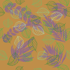 Abstract autumn seamless pattern with leaves and design elements. Vector illustration.