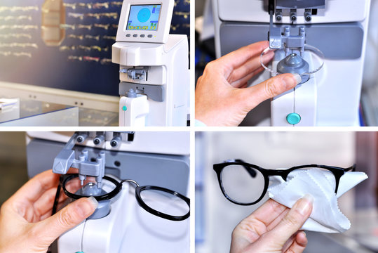 Collage image of the glasses manufacturing process.Health care, medicine and vision concept.Ophthalmology instrument in clinic office and optics.Optician measuring and preparing glasses 

