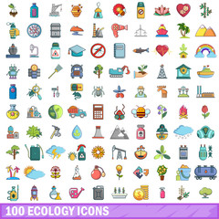 100 ecology icons set, cartoon style 
