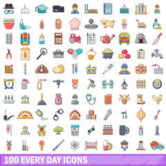100 every day icons set, cartoon style 
