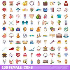 100 female icons set, cartoon style 