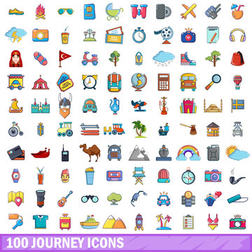 100 journey icons set, cartoon style 