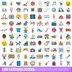 100 leisure icons set, cartoon style 
