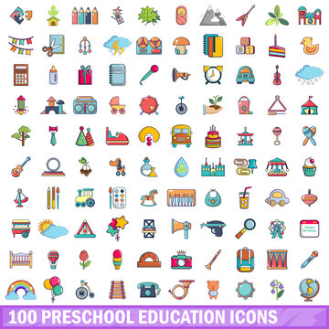 100 preschool education icons set, cartoon style 