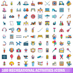100 recreational activities icons set, cartoon style 