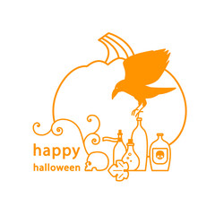 Halloween. Pumpkin, crow, skull and potion. Line icon. Modern linear style. Vector illustration.