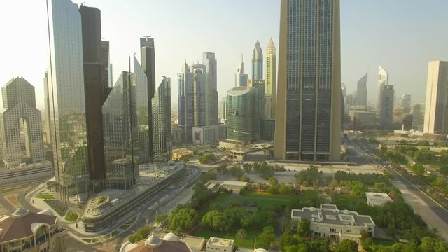 Aerial. Skyscrapers on financial district of Dubai city. United Arab Emirates. 4K.