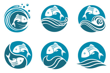 Obraz premium collection of fish icon with waves