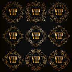 Set of gold linear vip monograms for graphic design on black background. Elegant graceful frame, filigree border in vintage style for wedding invitations, card, logo, icon. Vector illustration EPS 10.