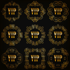 Set of gold linear vip monograms for graphic design on black background. Elegant graceful frame, filigree border in vintage style for wedding invitations, card, logo, icon. Vector illustration EPS 10.