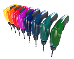 Many multi-colored drills