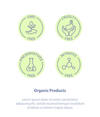 Logo Set Badge Ingredient Warning Label Icons. GMO, Cruelty, Preservatives, Nitrates Free Product Stickers. Flat Line Icon Design