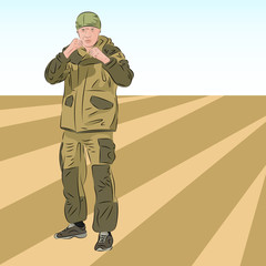 Angry Caucasian Soldier In Camouflage Uniform in fighting stance. Vector illustration