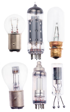 six old electric lamps on white