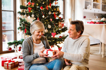 Obraz na płótnie Canvas Senior couple in front of Christmas tree with presents.