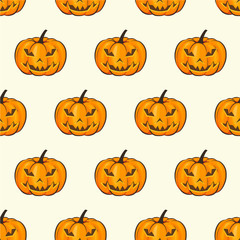 Halloween Seamless Pattern Isolated Wrap Wallpaper With Terrible Pumpkins In A Cartoon Style. Vector illustration of Halloween theme for your projects