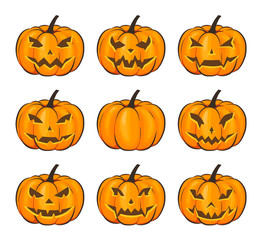 Set with a terrible pumpkin for Halloween in a cartoon style on a white background. Vector Illustration on Halloween Celebration for your projects