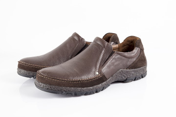 Male Brown Leather Shoe on White Background, Isolated Product.