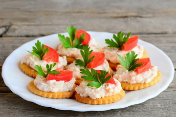 Salty crackers with cream cheese on a serving plate. Simple snack from salted crackers, savory cream cheese, fresh tomato slices and parsley. Healthy homemade snack photo. Closeup