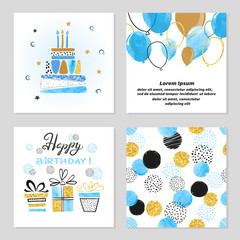 Happy Birthday cards set in blue and golden colors. Celebration vector illustrations with birthday cake, balloons and gifts.