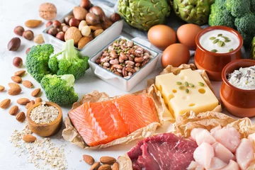 Foto auf Acrylglas Produktauswahl Auswahl an gesunden Proteinquellen und Bodybuilding-Lebensmitteln