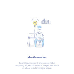 New Idea Generation, Creativity and Problem Solving. Cute man sitting behind the laptop. A lightbulb is shining overhead. Isolated vector illustration in line style.