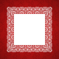 Square lace frame with a place for text. Background for wedding invitation, greeting card. Vector Illustration