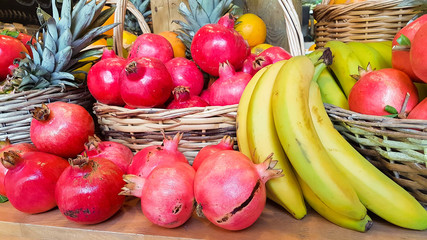 pomegranate banana ananas basket fruits group autumn background