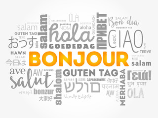 Bonjour (Hello Greeting in French) word cloud in different languages of the world, background concept