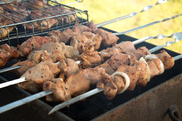 BBQ meat on skewers in grill