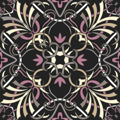 Floral geometric texture seamless pattern. Ornament vector background on black background.
