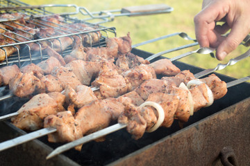 BBQ meat on skewers in grill