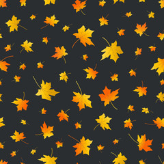 Autumn leaves. Seamless pattern. Background with fall  maple leaves. Flying foliage on dark background. Autumn vector design 