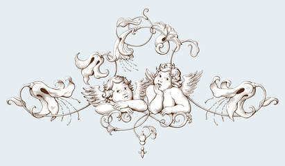 Vintage decorative element engraving with Baroque ornament pattern and cupids